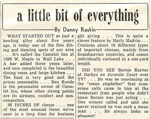 Mr. Bs Camelot Inn (Maple Lanes, Shadow Fax, Olde World Market) - 1965 Review Of Restaurant